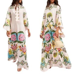 Comino Couture Reversible Neck Tie Floral Maxi Dress Luxe Resort Wear Large NWT